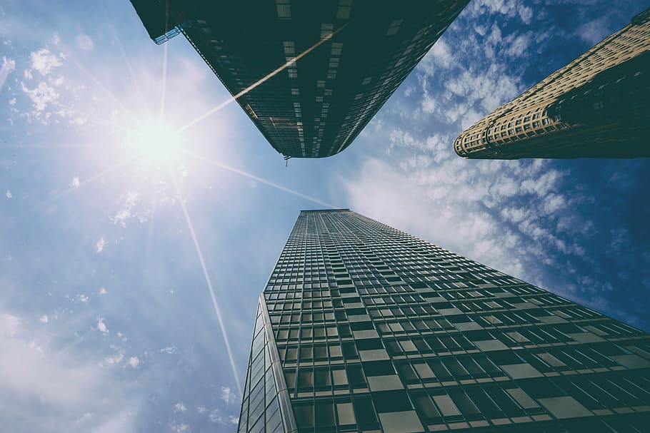 architecture, buildings, low angle shot, perspective, sky, sun glare HD wallpaper