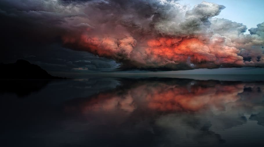 explosion panoramic photgraphy, dark, clouds, cloudy, mountain