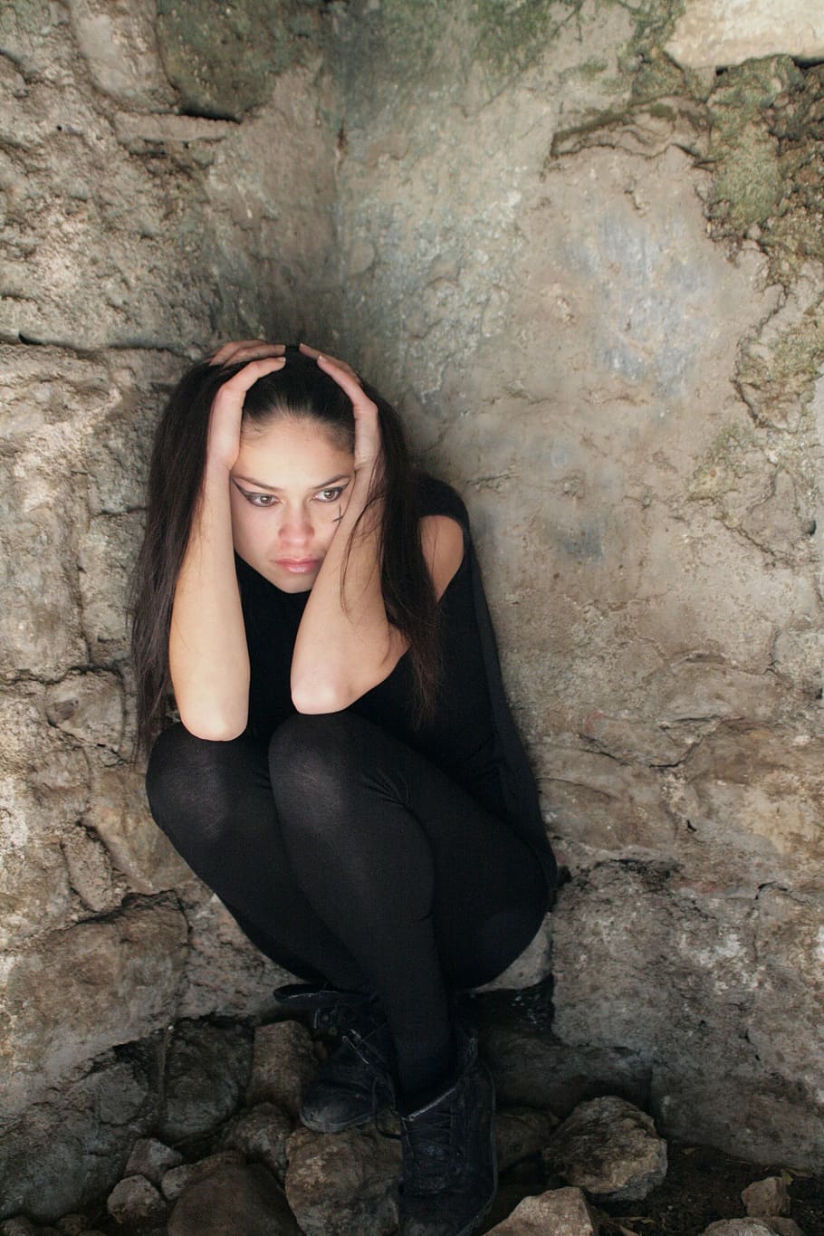 woman in black pants crouching near rocks, model, beautiful, women's, HD wallpaper