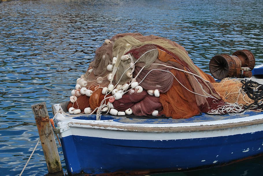 fishing boat, fishing net, equipment, commercial, vessel, blue, HD wallpaper