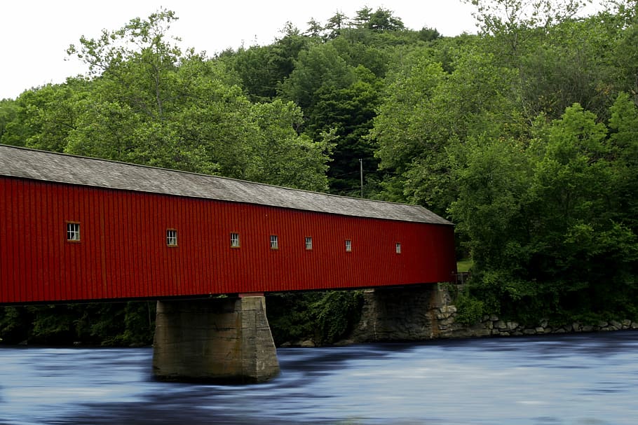 connecticut, covered bridge, new, england, summer, river, nature HD wallpaper