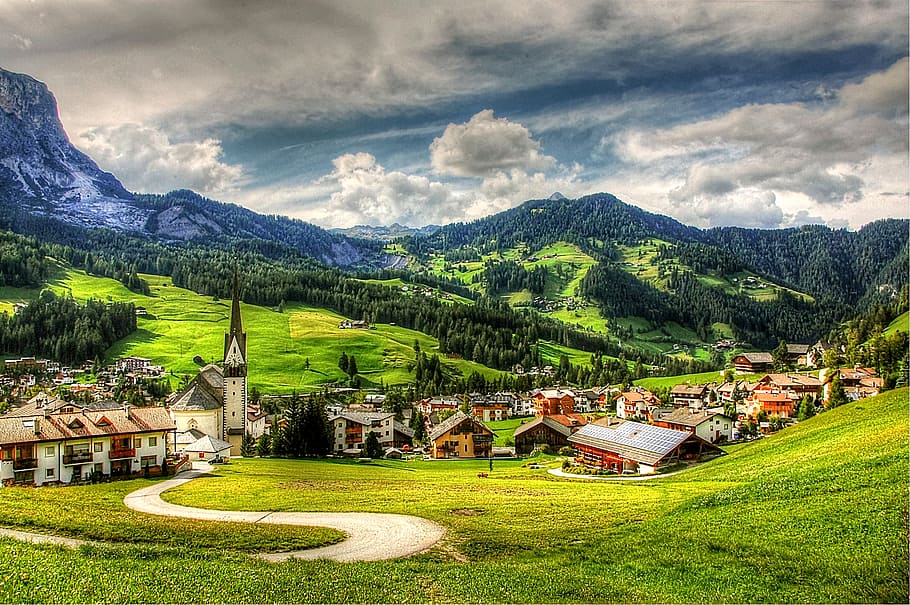 houses on fields surrounded with mountains, dolomites, alta badia, HD wallpaper