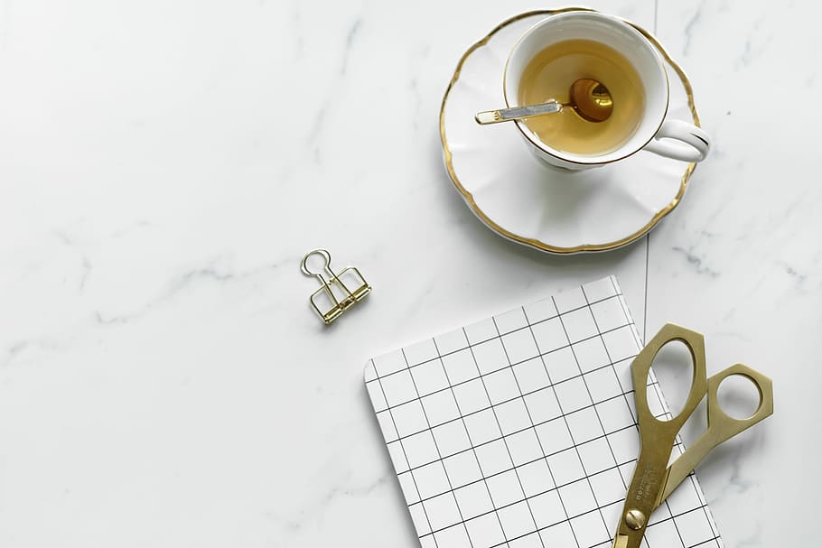 teacup on table beside scissors, diary, notebook, notepad, journal HD wallpaper
