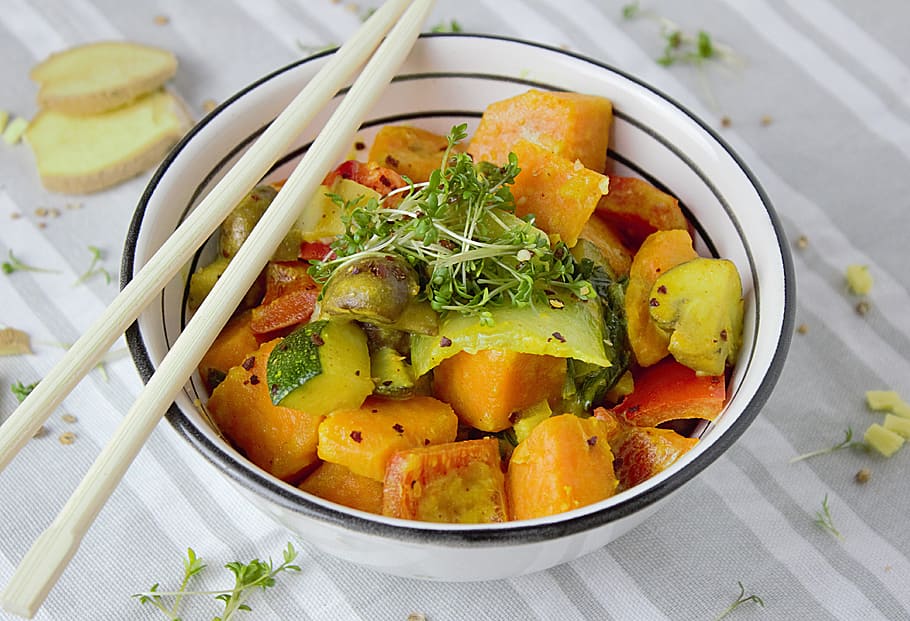 white ceramic bowl with assorted fruits, curry, vegetables HD wallpaper