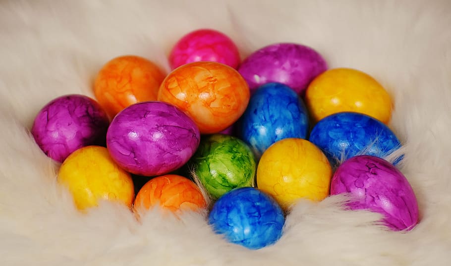 multicolored eggs, easter, colorful eggs, lambskin, happy easter HD wallpaper