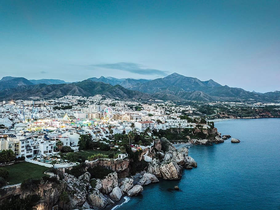 sunset, nerja, fair, light, lighting, blue, sea, beach, cliffs HD wallpaper