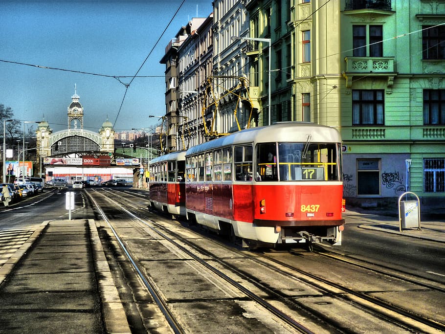 tram on road, rail, prague, electro train, czech, europe, urban HD wallpaper