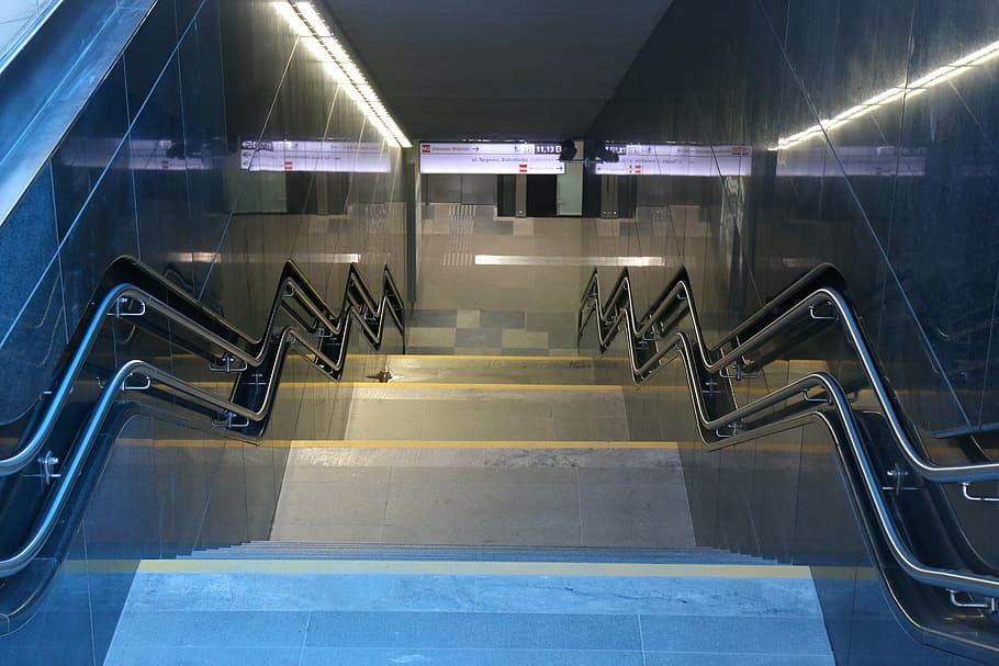 stairs, underpass, metro, blue, colors, shades of, symmetry HD wallpaper