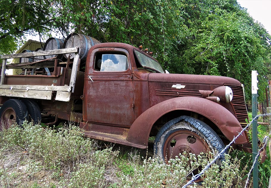 antique, truck, wine barrels, abandoned, farming, hill country, HD wallpaper