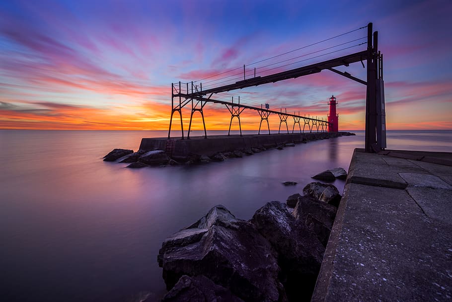 sunset, water, dusk, dawn, evening, bridge, sky, reflection HD wallpaper