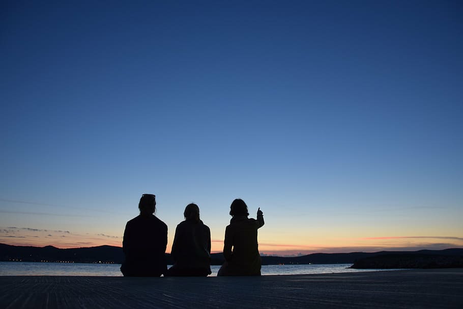 sunset, silhouette, landscape, setting sun, croatia, sky, group of people HD wallpaper