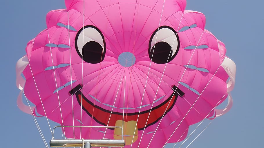 smile, parasailing, wind, summer, pink color, sky, low angle view HD wallpaper