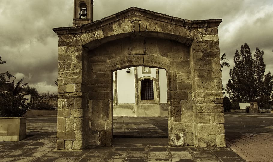 gate, entrance, stone, old, architecture, church, psimolofou HD wallpaper