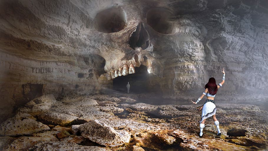 woman wearing white dress in front of skull cave illustration, HD wallpaper