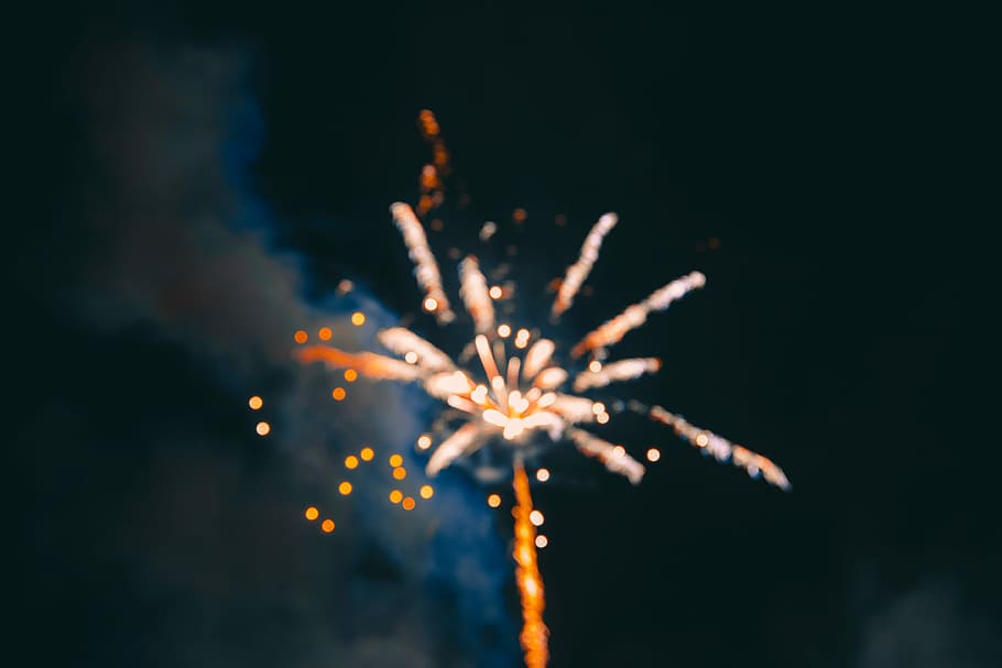 fireworks under cloudy sky, orange and white fireworks on sky HD wallpaper