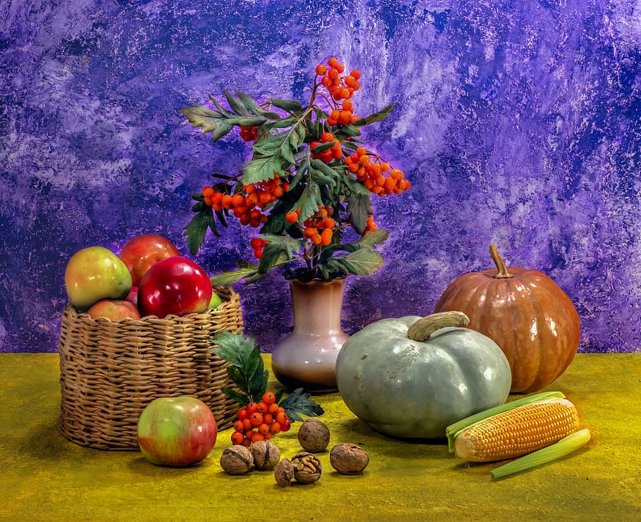 pumpkin, corn, apples, nuts, food, rowan, wicker basket, texture HD wallpaper