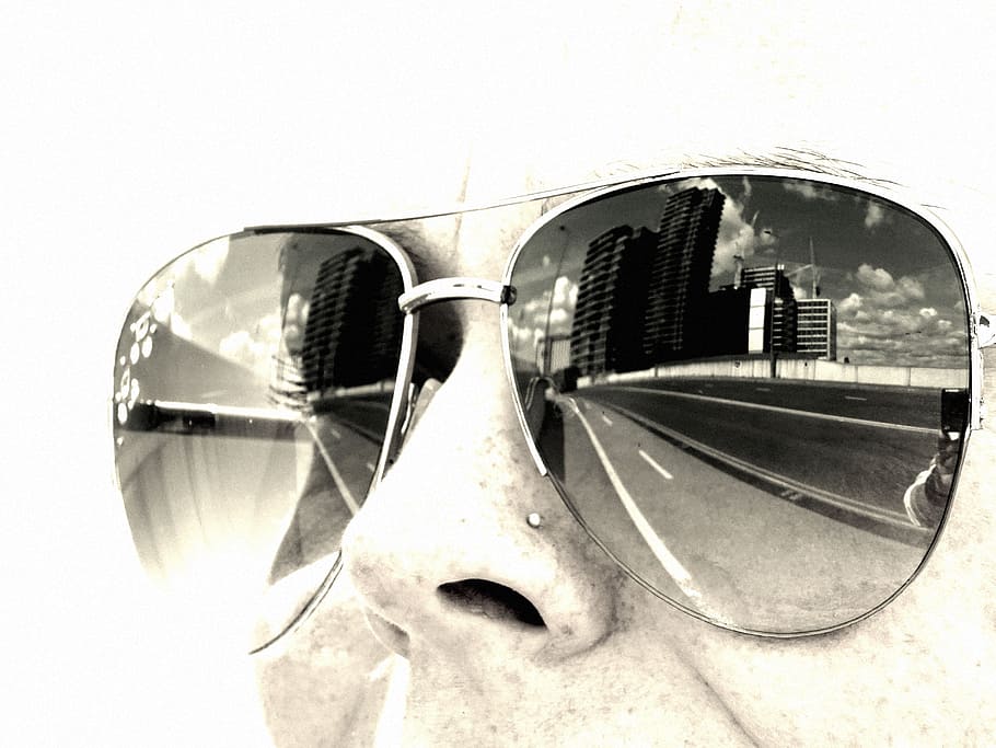 sky, sunglasses, clouds, buildings, chrome, close -up, design HD wallpaper