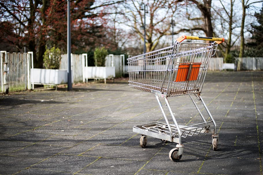 cart, grocery, outdoor, trees, shopping cart, no people, consumerism, HD wallpaper