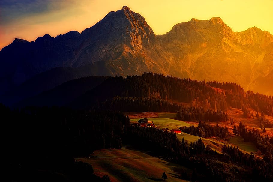 aerial photography of brown mountains during sunset, trees HD wallpaper