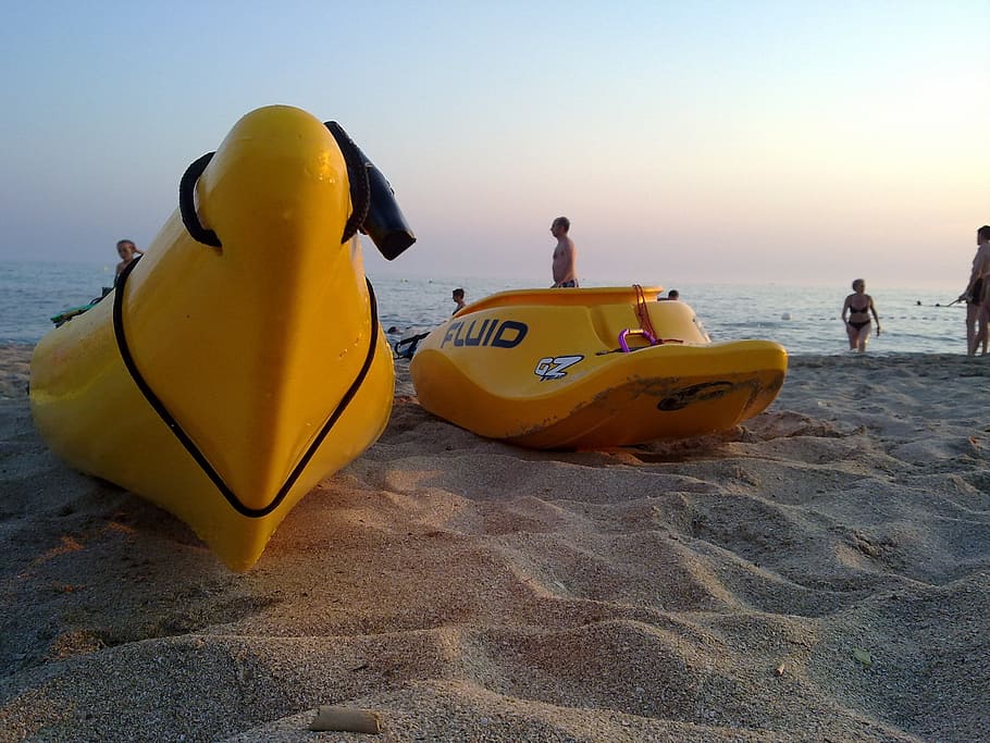 Kayak, Canoeing, Sea, Beach, Yellow, summer, holiday, sunset, HD wallpaper