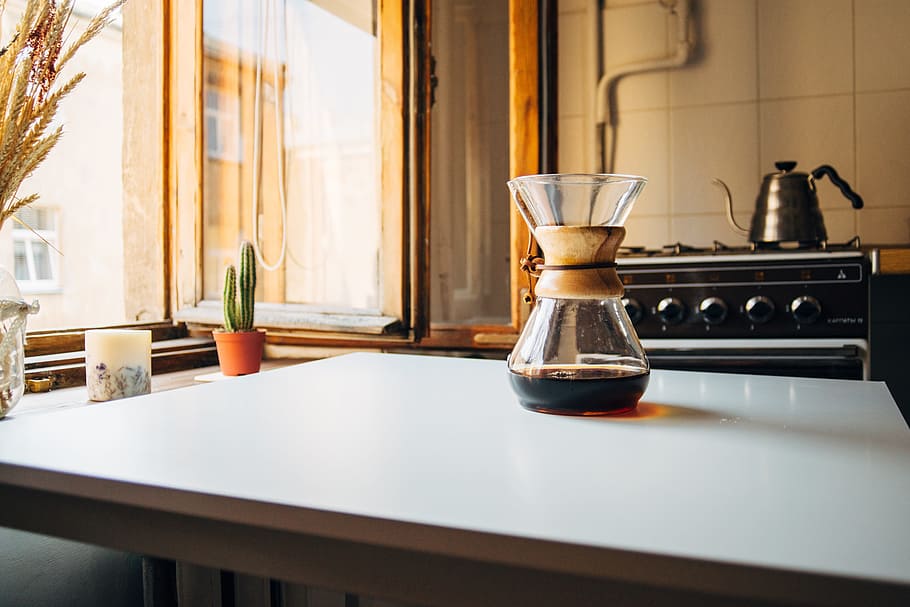 coffee in clear glass pot, filter, prepration, drink, caffeine HD wallpaper