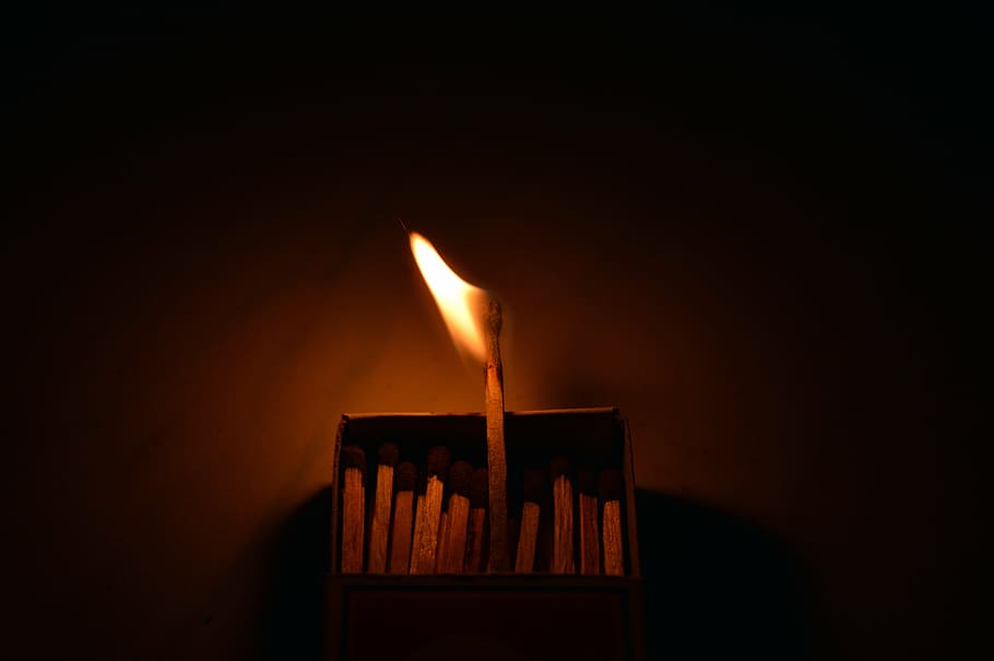 lighted match stick on match box, flames, unique, think, spiritual, HD wallpaper