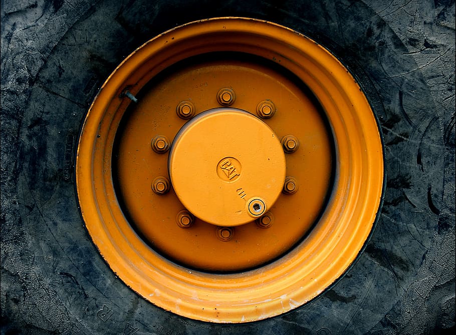 yellow vehicle wheel with tire, wheel bearing, gland, rim, excavators, HD wallpaper