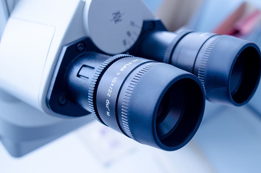 black and white microscope lenses, lab, blue, background, close-up HD wallpaper