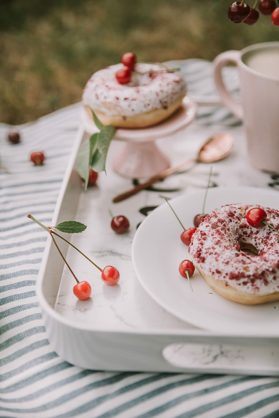 tray of berry donuts, shallow focus photography of donut on ceramic plate HD wallpaper