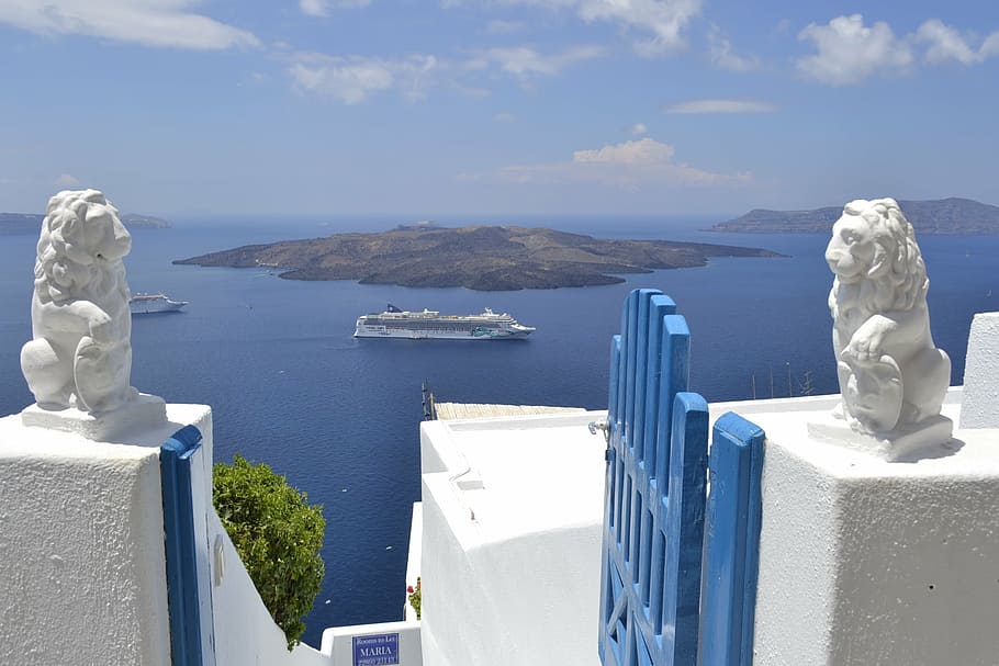 landscape, santorini, mar, gate, lions, blue, white, wild blue yonder HD wallpaper