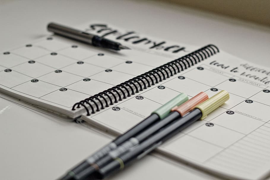 opened monthly book with four pens on top, Planner, Tombow HD wallpaper
