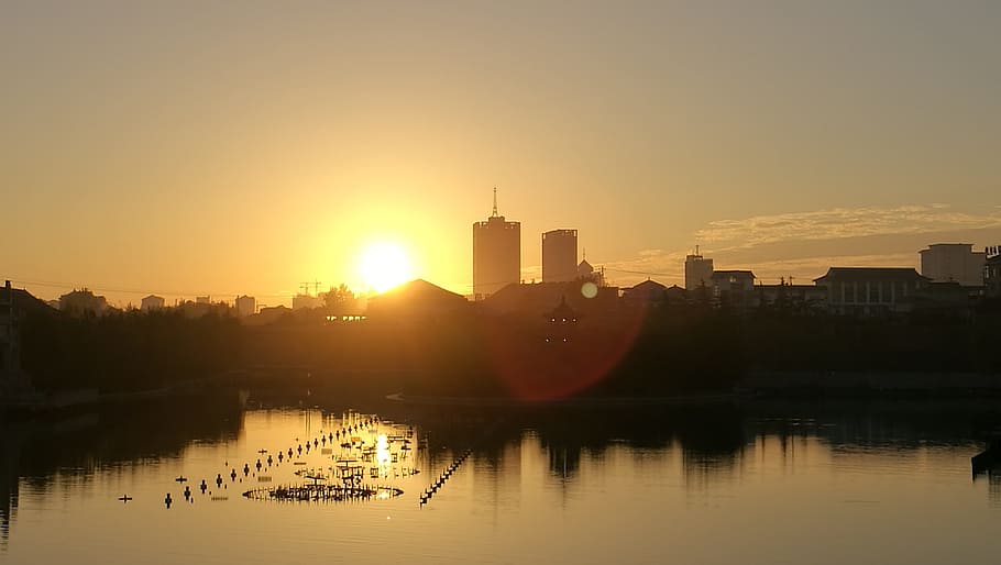 sunset, riverside, building, sky, architecture, built structure HD wallpaper