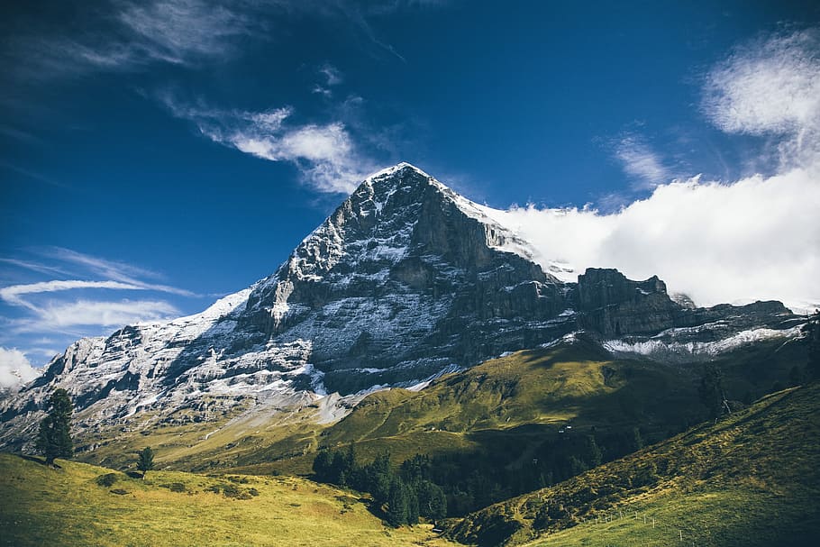 landscape photography of mountain under white clouds, alpine mountain HD wallpaper