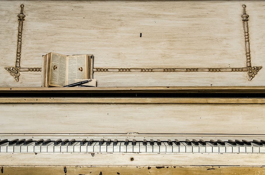 opened book on beige piano, upright, music, instruments, keys HD wallpaper