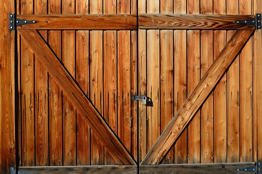 closed brown wooden door, barn door, farm, entrance, rustic, building, HD wallpaper