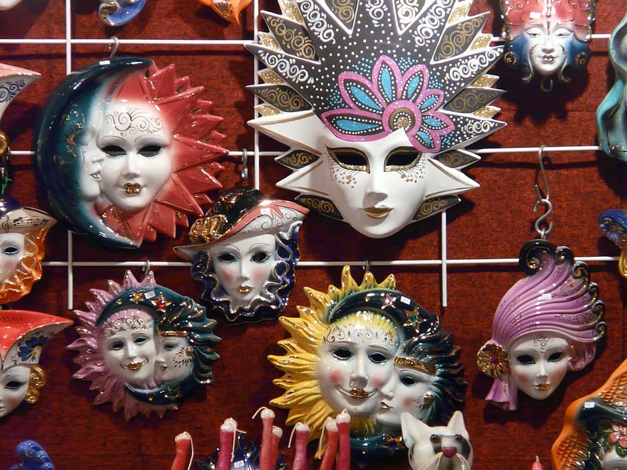 assorted masquerade mask hanging on red wall, masks, carnival HD wallpaper