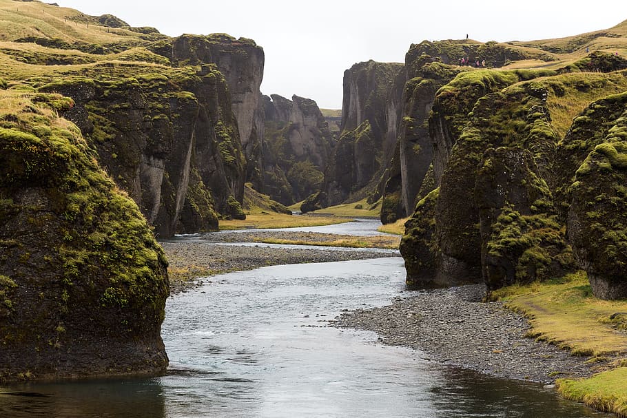 river, water, green, grass, sand, stone, rocks, mountain, landscape HD wallpaper