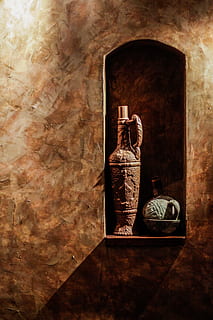 brown ceramic vase, wine, bottles, wall, wine bottle, old, historic HD wallpaper
