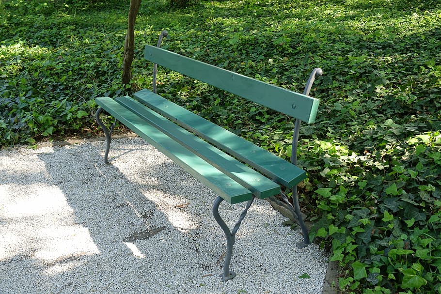 empty, bench, park, green, outdoors, nature, park - Man Made Space HD wallpaper