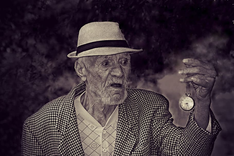 grayscale photo of man holding pocket watch, time, fear, old age HD wallpaper
