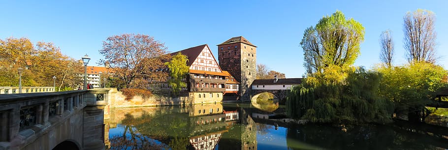 panoramic photography of lake, trees, and house, architecture HD wallpaper