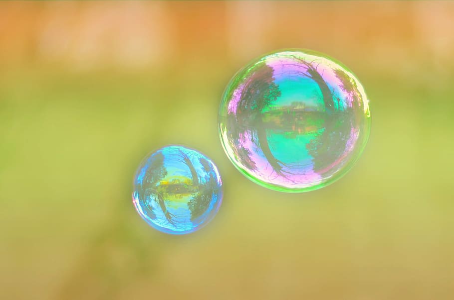 two clear bubbles, the scenery, reflection, soap sud, multi colored HD wallpaper