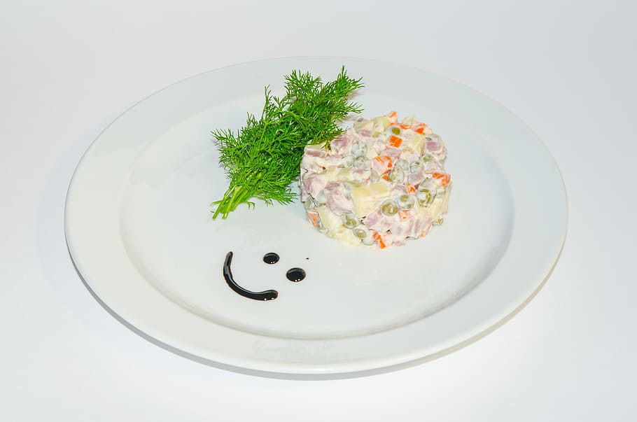 salad served on white ceramic plate, useful, summer, appetizer HD wallpaper