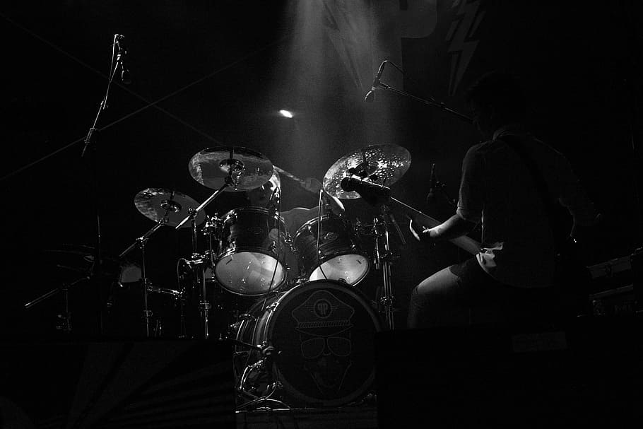 grayscale photo of drum set, drums, drummer, music, musical instrument