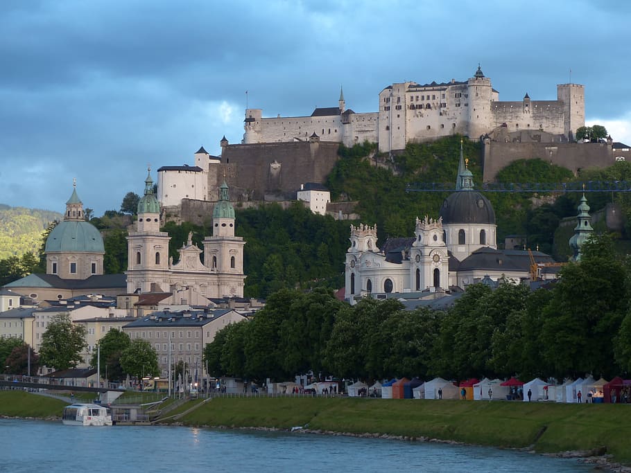 white castle, salzburg, old town, city, abendstimmung, salzach, HD wallpaper