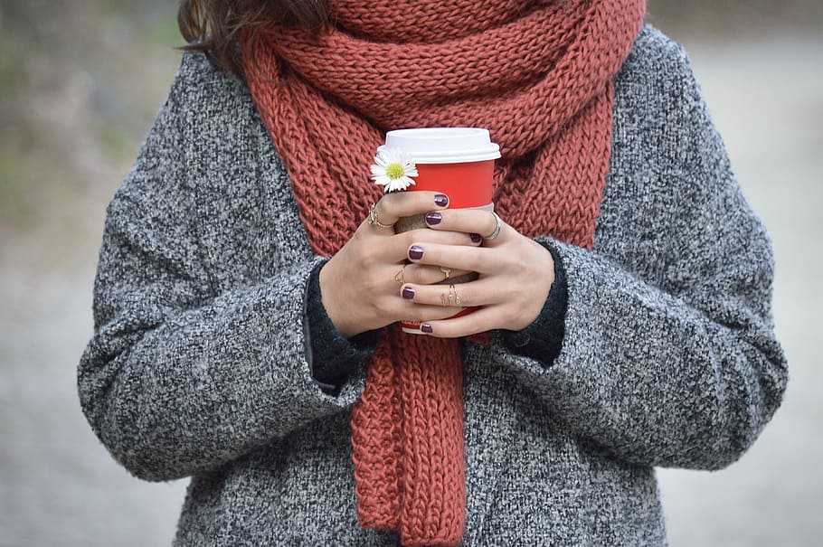 woman wearing gray jacket with brown scarf holding red and white cup, HD wallpaper