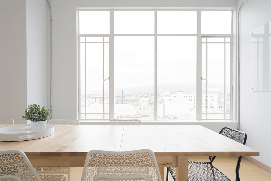 HD wallpaper: rectangular beige dining table across white window frame, room  | Wallpaper Flare