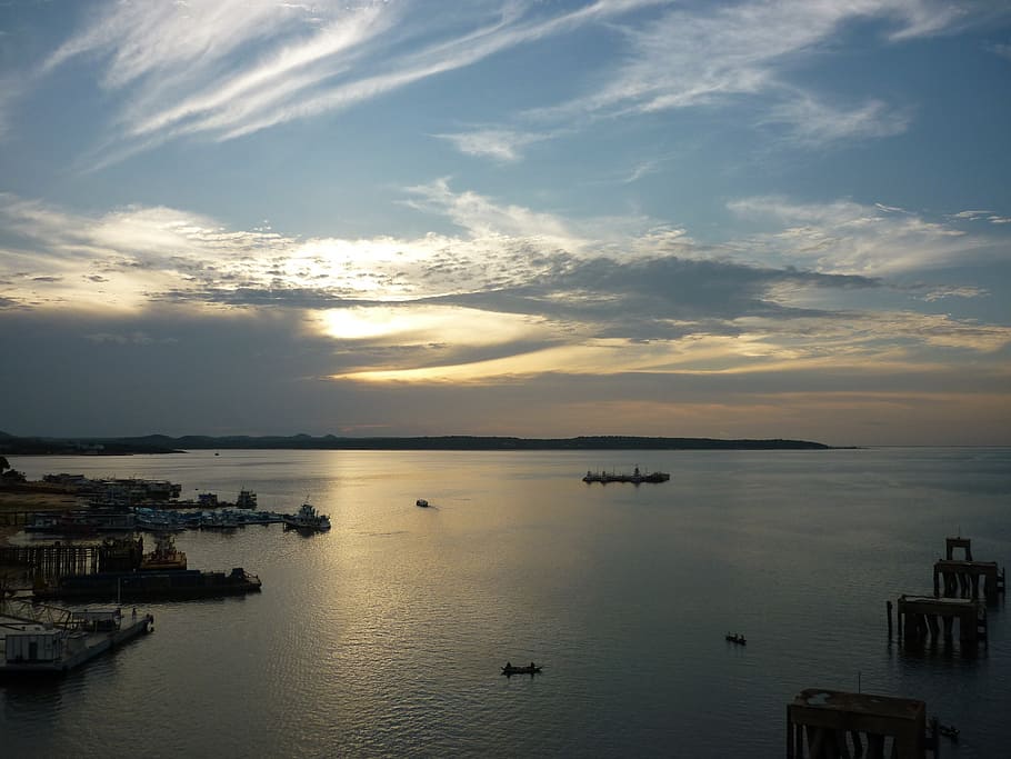 sunset, sky, evening sky, landscape, abendstimmung, port, sea HD wallpaper