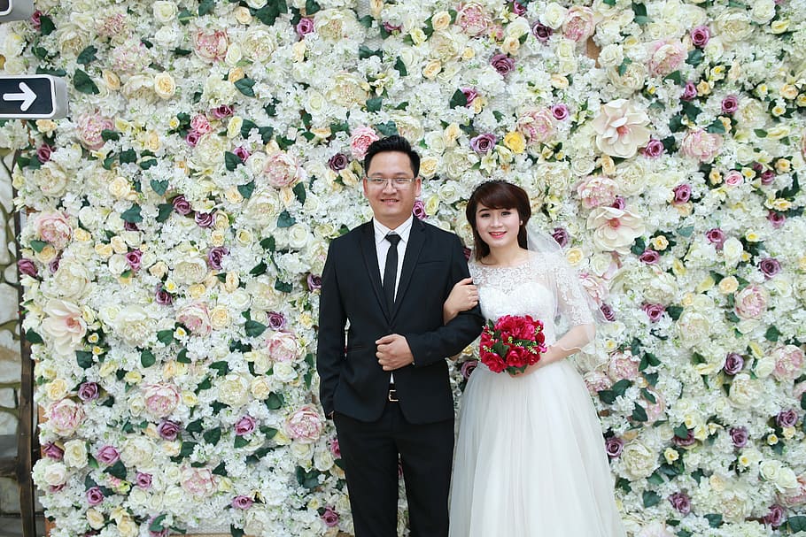 My love, bride holding arm of groom, two people, flower, couple - relationship HD wallpaper