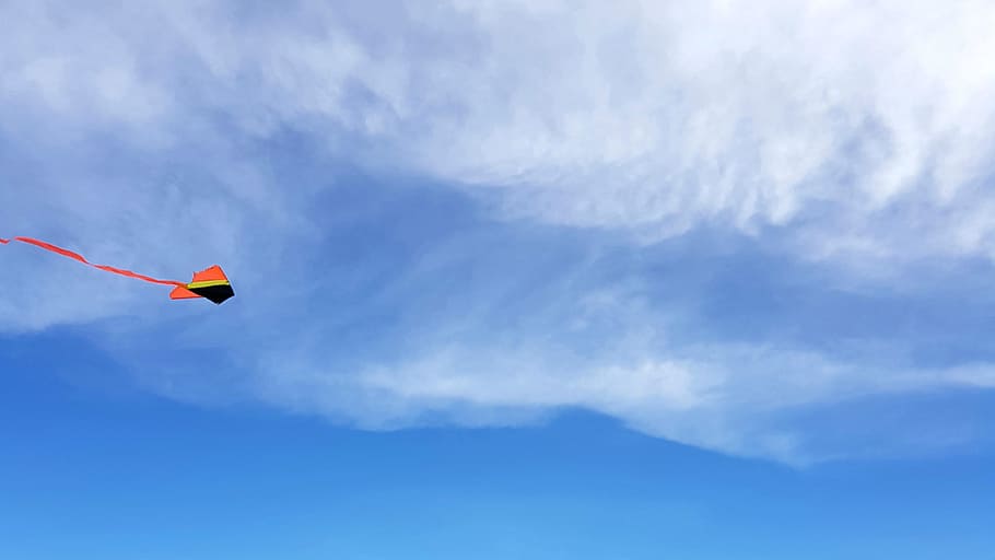 sky blue, sky with clouds, kite, flying, cloud - sky, low angle view HD wallpaper